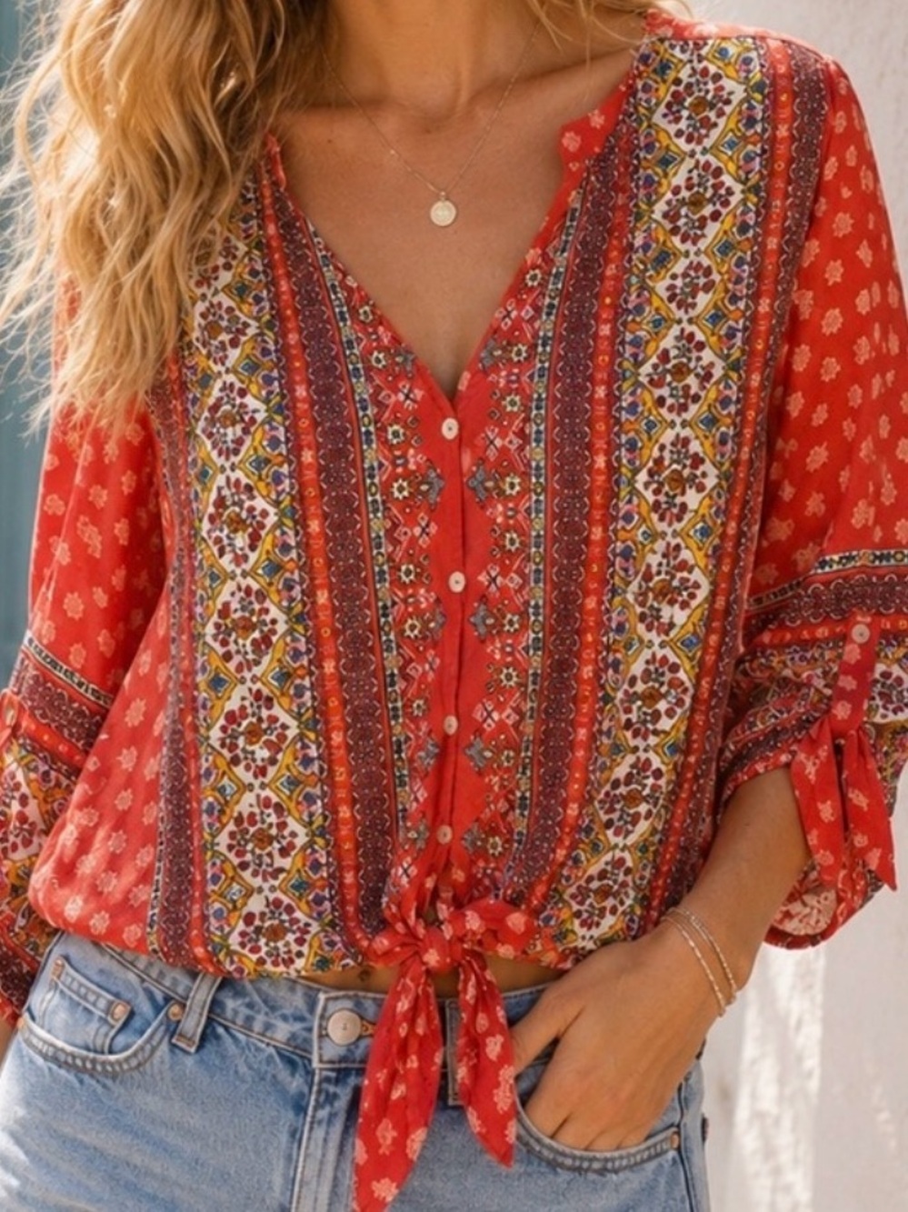 West Kei Red Boho Printed Tie-Front Blouse